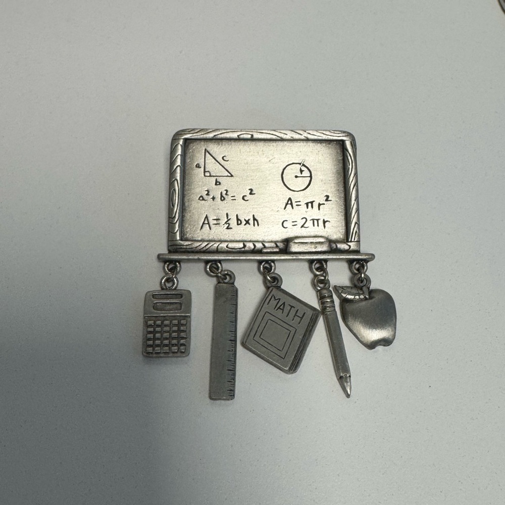Vintage JJ Jonette Silver Tone Math Teacher Chalkboard Charms Brooch Pin
